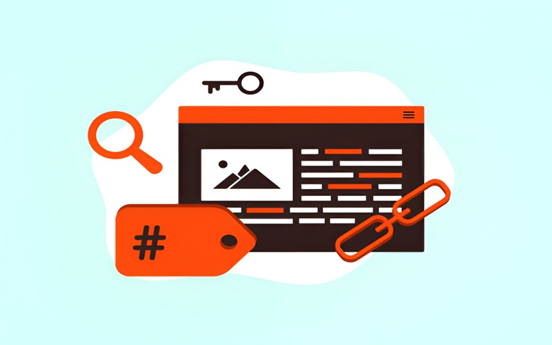 Illustration of SEO elements like tags, keywords, and links, highlighting WordPress tags' role in SEO.